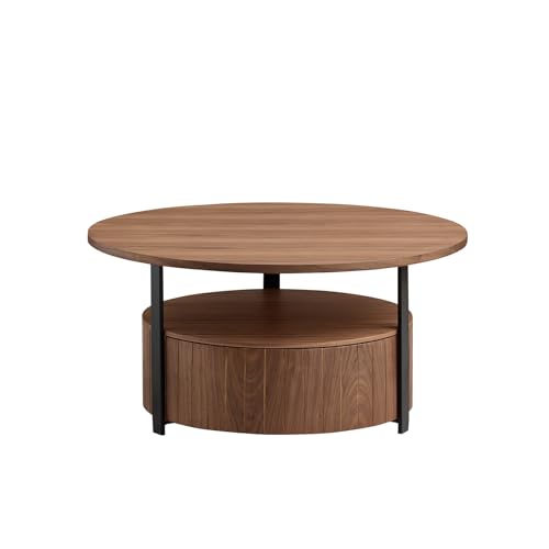 33 Inch Round Wood Coffee Table with Storage, Fluted Coffee Tables with 2 Tiers, Mid-Century Modern Center Table with a Single Drawer for Living Room - color: 33.07" 2 Tier-walnut