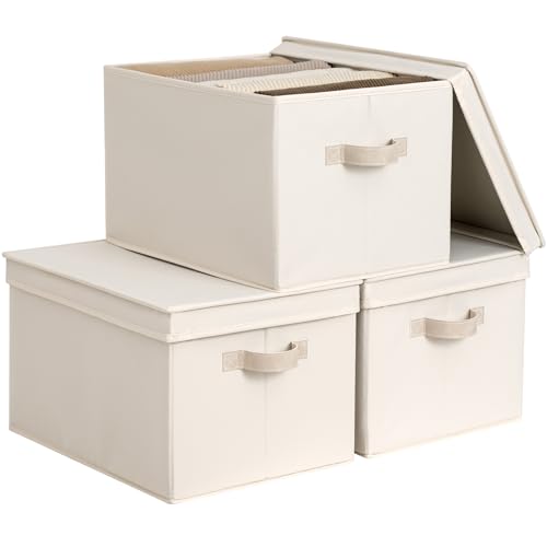 StorageWorks Fabric Storage Bins with Lids, Closet Storage Bins | Lidded Dust-proof, Easy Pull Handles, Foldable, Stackable, Ideal for Clothes Blanket Towel, Jumbo, Cream White, 3-Pack - color: Cream White, size: Jumbo