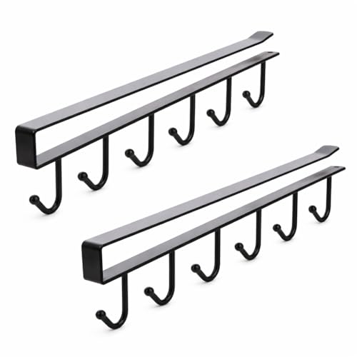 Under Cabinet Mug Holder 2 Pack, 6 Hooks Under Shelf Mug Organizer, Heavy Duty Metal Coffee Cup Holder Rack for Kitchen Cabinet, Space Saving Hanging Storage