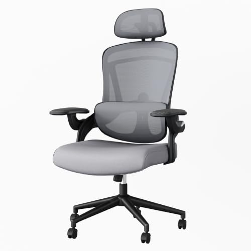 DUMOS Executive Home Office Chair, Ergonomic Computer Desk Chair, Mesh | 300 LBS, High Back, 2D Headrest, Adjustable Lumbar Support, Flip-up Armrests, Swivel Wheels, Classic Gray - color: Classic Gray