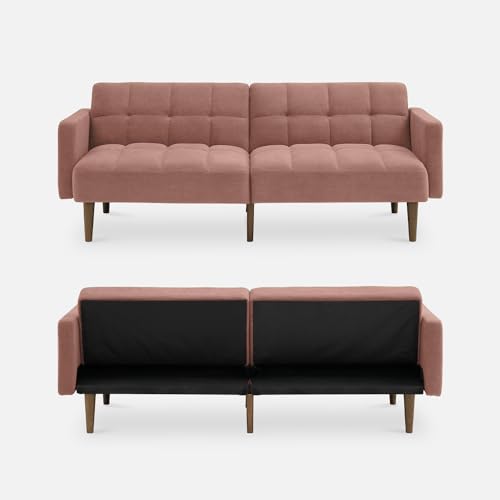 mopio 76.4" Futon Sofa Bed Tufted Styled, Sleeper Couch (Old Rosa, Velvet) | A textured seat folds flat for sleepovers; snug proportions slip into lofts and small lounges. - color: Old Rosa, Velvet