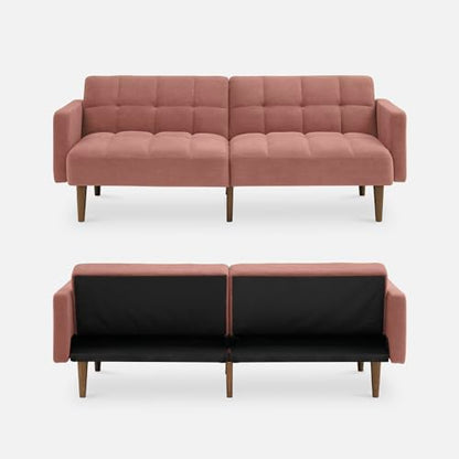 mopio 76.4" Futon Sofa Bed Tufted Styled, Sleeper Couch (Old Rosa, Velvet) | A textured seat folds flat for sleepovers; snug proportions slip into lofts and small lounges. - color: Old Rosa, Velvet
