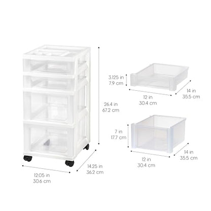IRIS USA 4-Drawer Rolling Storage Cart, White/Clear | Keep classroom supplies, teacher essentials, craft materials, and learning tools organized with easy-access drawers. - size: Standard