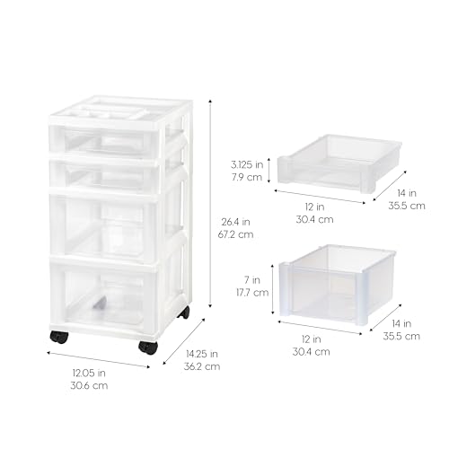 IRIS USA 4-Drawer Rolling Storage Cart, White/Clear | Keep classroom supplies, teacher essentials, craft materials, and learning tools organized with easy-access drawers. - size: Standard