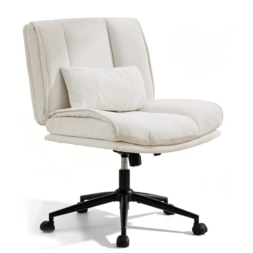 Armless Criss Cross Office Chair with Wheels,Chenille White | 5.5" Double Layers Thickened Seat Cushion and Backrest,Lumbar Pillow,Swivel Chair,Wide Comfortable Cross Legged,320LBS - color: White