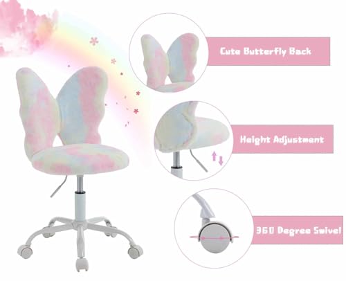 chairus Kids Desk Chair Butterfly Faux Fur Study Chair for Teenage Girls Adjustable Kids Vanity Chair for Bedroom Reading Living Room, Small Cute Student Task Chair with White Foot, Macaron - color: Butterfly, Macaron