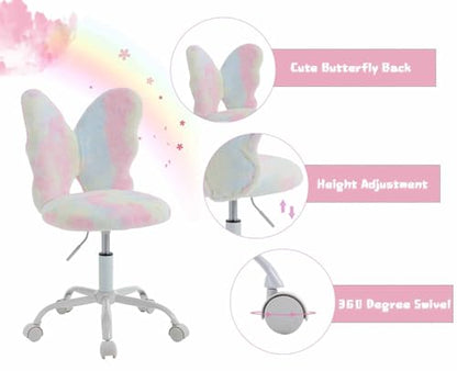 chairus Kids Desk Chair Butterfly Faux Fur Study Chair for Teenage Girls Adjustable Kids Vanity Chair for Bedroom Reading Living Room, Small Cute Student Task Chair with White Foot, Macaron - color: Butterfly, Macaron