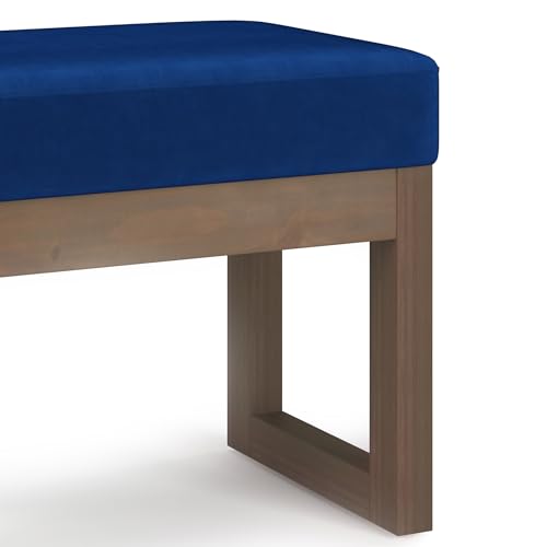 SIMPLIHOME Milltown 27" Wide Velvet Rectangle Ottoman in Blue | Blue, contemporary velvet ottoman with a cushioned seat for extra seating in the bedroom; footstool, footrest or pouf. - color: Blue, style: Small Ottoman Bench