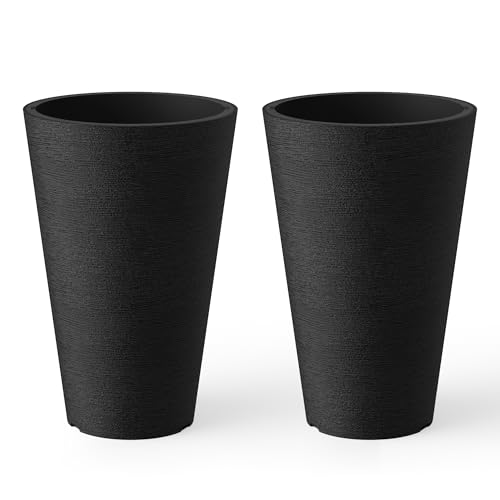 Kante Set of 2 Black Plastic Round Planters 15" Tall Home & Outdoor | Tapered, Nursery Pot & Outer Cachepot, Indoor Use, Modern Garden Decor, Weather-Resistant, Drainage, Lightweight, Durable - color: Black, size: 15" H