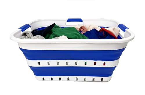 SAMMART 42L (11 gallon) Collapsible Plastic Laundry Basket - Foldable Pop Up Storage Container/Organizer - Space Saving Hamper/Basket (1, White/Dark Blue) - color: White/Dark Blue