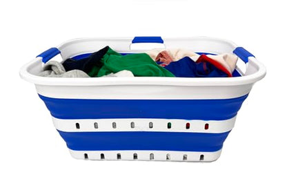 SAMMART 42L (11 gallon) Collapsible Plastic Laundry Basket - Foldable Pop Up Storage Container/Organizer - Space Saving Hamper/Basket (1, White/Dark Blue) - color: White/Dark Blue