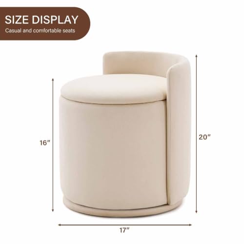 360° Swivel Makeup Chair with Storage, Upholstered Accent Stool with Back, Round Vanity Stool Ottoman for Living Room, Makeup Room, Bedroom (Cream) - color: Cream