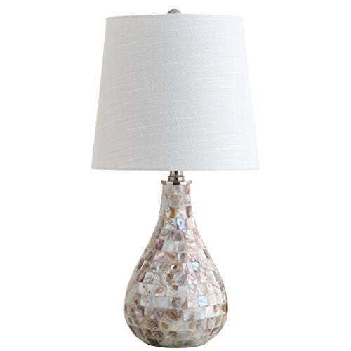 JONATHAN Y Mona Coastal Mini LED Table Lamp 20.5" Bedside, Seashell | White Linen Drum Shade, Mother Of Pearl Resin Body, On-Off Rotary Switch, LED Bulb Included - color: Seashell