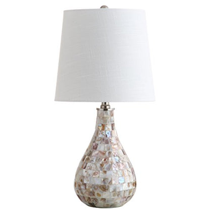JONATHAN Y Mona Coastal Mini LED Table Lamp 20.5" Bedside, Seashell | White Linen Drum Shade, Mother Of Pearl Resin Body, On-Off Rotary Switch, LED Bulb Included - color: Seashell