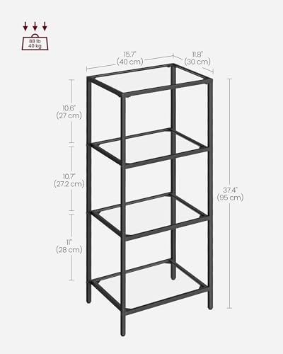 VASAGLE Bookcase, 4-Tier Bookshelf, Slim Shelving Unit for Bedroom, Bathroom, Home Office, Tempered Glass, Steel Frame, Ink Black ULGT028B61 - color: Ink Black, size: 4 Tiers (15.7"W x 37.4"H)