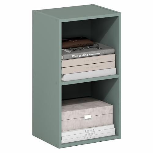Furinno PASIR Book Shelf, 2-Tier Modern Bookshelf, Open Shelves Bookcase 9 x 12 x 21, Easy Assembly, for Living Room, Bedroom, Home Office, Sage Green - color: Sage Green, size: 2-Tier Cube
