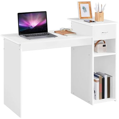 Yaheetech White Computer Desk and Chair Set with Drawer, Shelves, Mesh Seat | Particle Board and MDF Build a Sturdy Desk with a Drawer and Elevated Platform, Paired with a Mesh Chair for Adults. - color: White