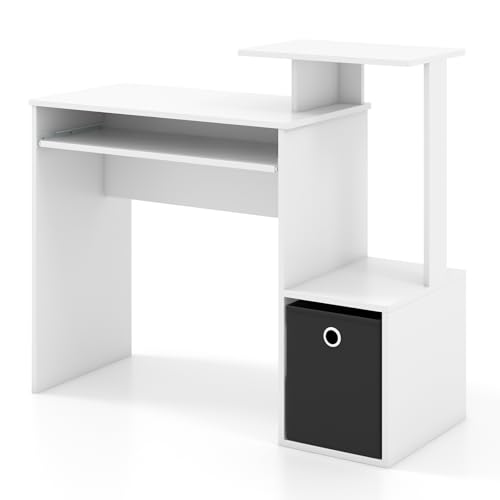 Tangkula Computer Desk with Fabric Drawer & Keyboard Tray, Space-Saving Study Writing Desk with Open Storage Shelves & Printer Stand, Modern Home Office Computer Workstation for Small Spaces (White)