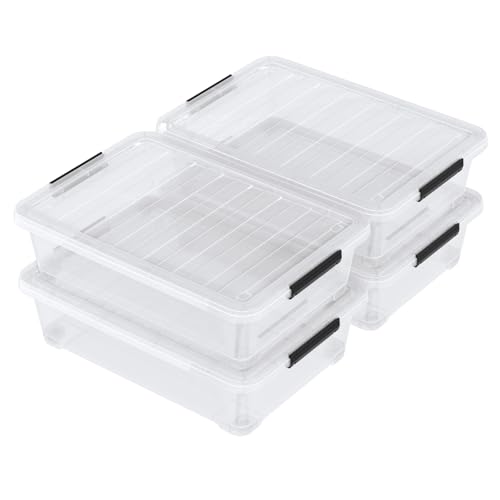 40 Quart Large Clear Plastic Underbed Storage Boxes Bin, 4 Packs | Flat Under Bed Organization Container with Wheels - size: 40 Quart