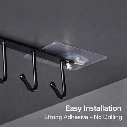 Under Cabinet Mug Holder 2 Pack, 6 Hooks Under Shelf Mug Organizer, Heavy Duty Metal Coffee Cup Holder Rack for Kitchen Cabinet, Space Saving Hanging Storage