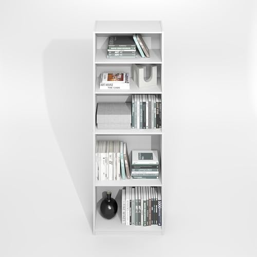 Furinno Jaya Simply Book Shelf, 5-Tier Bookshelf, Bookcase with Adjustable Shelves, 9.5 x 24.5 x 71.2, for Living Room, Bedroom, Home Office, Plain White - color: White, size: 5-Tier, 9.5 x 24.5 x 71