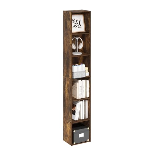 Furinno LUDER Book Shelf, 6-Tier Tall Modern Bookshelf, Bookcase with Open Shelves, 9.3 x 12 x 71, for Living Room, Bedroom, Home Office, Amber Pine - color: Amber Pine, size: 6-Tier, 12.1-Inch Width