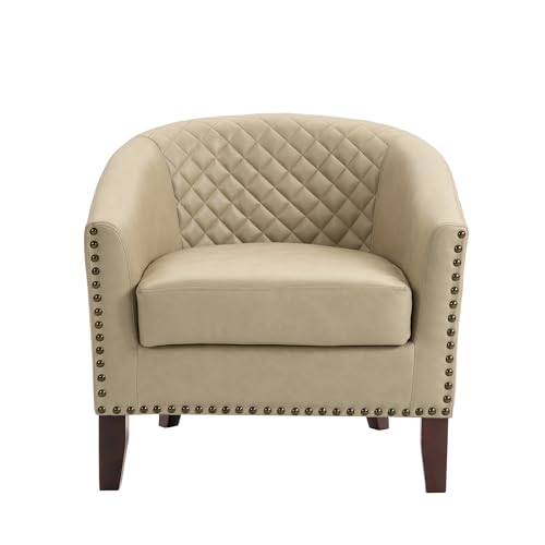 Faux Leather Accent Chair, Modern Barrel Club Chair, Beige | Comfy Upholstered Armchair for Living Room, Round Club Chair Single Sofa Bedroom Reading Seat | 26"D*29"W*29"H - color: Beige