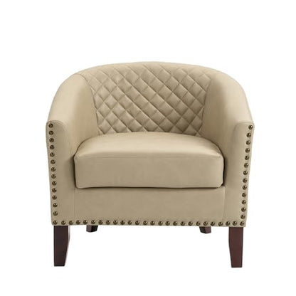 Faux Leather Accent Chair, Modern Barrel Club Chair, Beige | Comfy Upholstered Armchair for Living Room, Round Club Chair Single Sofa Bedroom Reading Seat | 26"D*29"W*29"H - color: Beige