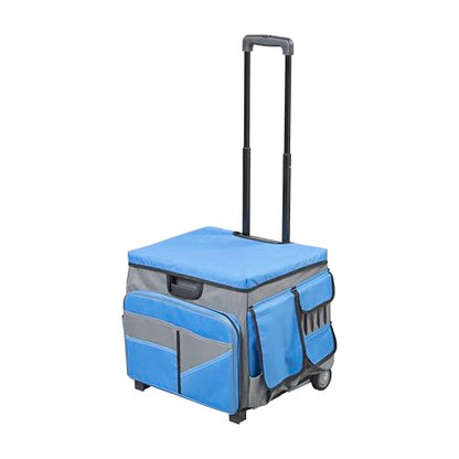 Folding Mobile Utility Cart, Canvas Organizer Bag, Blue/Grey | Durable plastic, 30 compartments, adjustable handle, 40 lb capacity, collapses to 3" thick, rolling wheels for easy transport - color: Blue/Grey