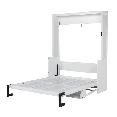 SOFTSEA Queen Size Murphy Wall Bed Frame with Desk, White | Space-Saving Hidden Wall Bed with Desk, Gas Struts, Vertical Murphy Bed Cabinet for Guest Room Home Office - color: White Black
