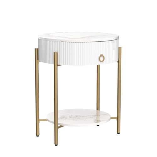 OIOG Round End Table, Nightstand with Storage, Marbling Natural Stone/Gold | Side Table with Storage Drawer, Shelf, Metal Legs, 2 Tier, Modern Design, For Living Room, Bedroom, Office,White and Gold - color: Gold