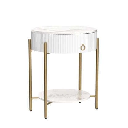 OIOG Round End Table, Nightstand with Storage, Marbling Natural Stone/Gold | Side Table with Storage Drawer, Shelf, Metal Legs, 2 Tier, Modern Design, For Living Room, Bedroom, Office,White and Gold - color: Gold