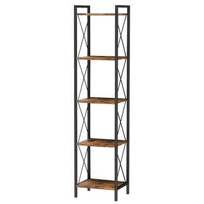 Homhedy 5 Tier Small Bookshelf, Tall Narrow Bookcase, Metal Book Shelf | Industrial Style for Small Spaces, Home, Office, Living Room, Kitchen, Bedroom , 10.4" D x 13" W x 55.1" H, Rustic Brown - color: Rustic Brown, size: 10.4"D x 13"W x 55.1"H