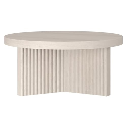 Henn&Hart 32" Scandinavian Fluted Coffee Table, Beech White | Ribbed pedestal base and low profile bring Scandinavian style to small spaces including living rooms or family rooms - color: Beech White, size: 32 inches