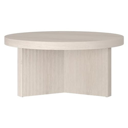 Henn&Hart 32" Scandinavian Fluted Coffee Table, Beech White | Ribbed pedestal base and low profile bring Scandinavian style to small spaces including living rooms or family rooms - color: Beech White, size: 32 inches