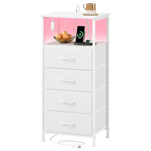Somdot Tall Nightstand with 4 Drawers, Charging Station & LED Light | Fabric-Bin Dresser for Bedroom, Bedside, Kids Room, Dorm, Closet, Laundry and Entryway, White - color: White, size: 11.8"D x 15.7"W x 34.1"H (4 Drawers)