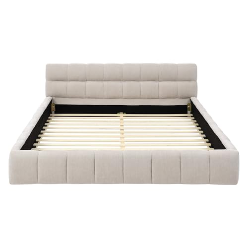 Queen Size Upholstered Cloud Bed Frame, Low Profile Platform Bed with Soft Chenille Headboard, Modern Floor Bed with Wooden Slats