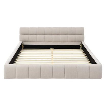 Queen Size Upholstered Cloud Bed Frame, Low Profile Platform Bed with Soft Chenille Headboard, Modern Floor Bed with Wooden Slats