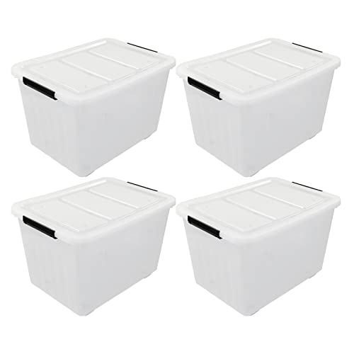 4-Pack 70 L Large Clear Storage Boxes, Plastic Latching Boxes | Extra Large Capacity, Secure Latch Lock Lids, Smooth Rolling Wheels, Multi-Purpose Storage Bin, for Closet Garage Basement - size: 70 L