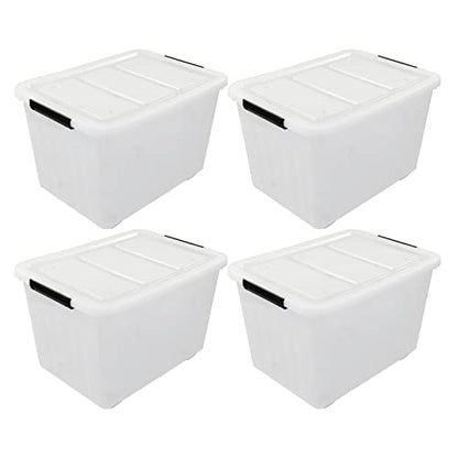 4-Pack 70 L Large Clear Storage Boxes, Plastic Latching Boxes | Extra Large Capacity, Secure Latch Lock Lids, Smooth Rolling Wheels, Multi-Purpose Storage Bin, for Closet Garage Basement - size: 70 L