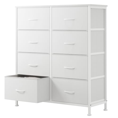 Sweetcrispy 8 Drawer Fabric White Dresser for Bedroom, Tall Double Dresser | Chest of Drawers with Sturdy Steel Frame and Wooden Top, Closet Living Room Storage Organizer with Easy Pull Handles - color: White, size: 11.8"D x 30.9"W x 36.4"H (8 Drawers)