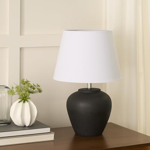 Nourison Home 20" Black Matte Ceramic Table Lamp with Fabric Shade, Bedside Nightstand Lamp for Bedroom, Living Room, Entryway - color: Black