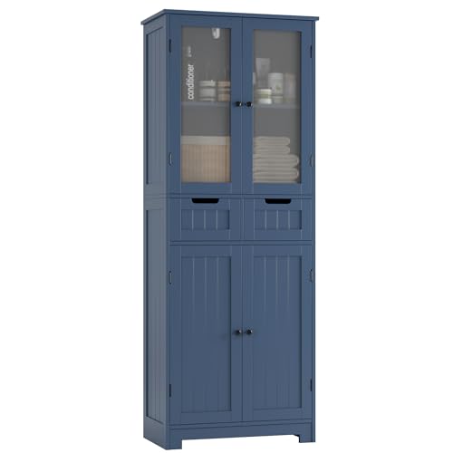 HORSTORS 높이 170.2cm(67인치) 욕실 보관 캐비닛, 서랍이 있는 블루 리넨 캐비닛 | 유리문 및 선반이 있는 독립형 욕실 캐비닛, 욕실, 거실, 식당, 주방용 모던 톨 보관 캐비닛 - color: 블루.