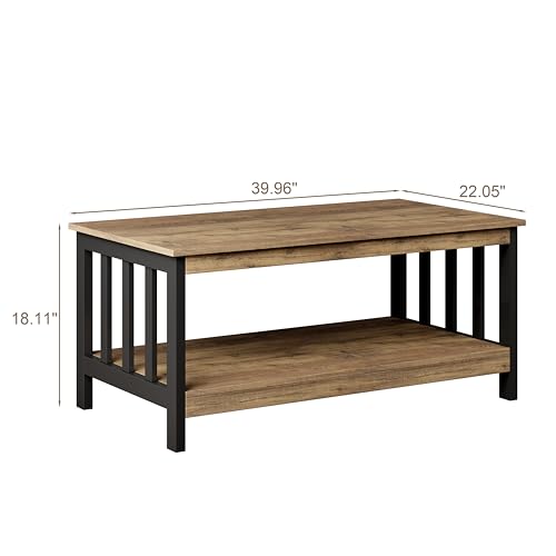 ChooChoo Farmhouse Coffee Table, Living Room Table with Shelf, 40 Rustic Oak & Black - color: Rustic Oak & Black, size: 22"D x 39.9"W x 18.1"H