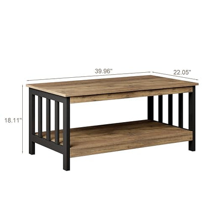 ChooChoo Farmhouse Coffee Table, Living Room Table with Shelf, 40 Rustic Oak & Black - color: Rustic Oak & Black, size: 22"D x 39.9"W x 18.1"H