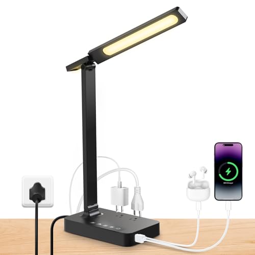 LED Desk Lamp with Power Strip: Table Lamp with Charging Station - 2 Outlets 1 USB-A Ports 1 Type-C Ports, Surge Protection, 5 Color Modes 5 Brightness for Home Office, College Dorm Room Essentials - color: Black1