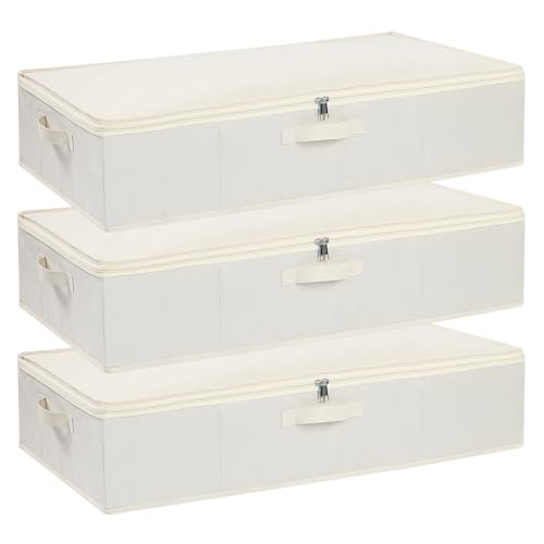 Underbed Storage Organizers,Beige,3 Pack,23.6x11.8x5.9 Inch | Under Bed Storage Container with Lids,Fabric Boxes,Drawer Organizer Bags,Foldable Baskets for Bedroom - color: Beige, size: 23.6x11.8x5.9in(3-Pack)