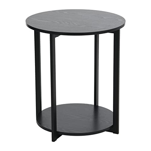 Household Essentials Jamestown Round Side End Table with Storage Shelf, Black Oak Wood Grain and Black Metal Frame - color: Black Oak
