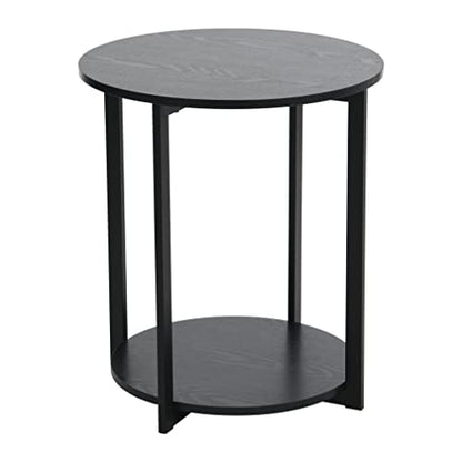 Household Essentials Jamestown Round Side End Table with Storage Shelf, Black Oak Wood Grain and Black Metal Frame - color: Black Oak