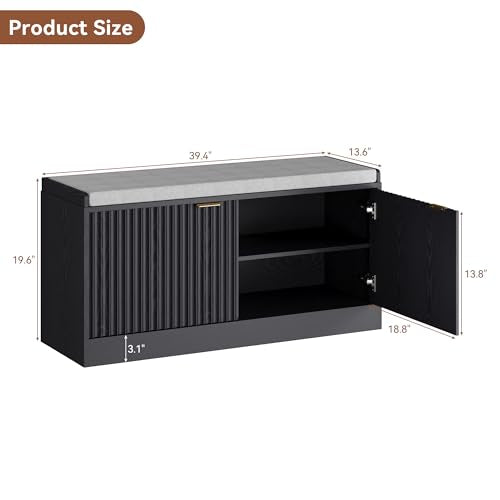 Fluted Shoe Storage Bench with Cushioned Seat and Sliding Doors, Black丨Modern Entryway Cabinet with Gold Handles, Hidden Shoe Organizer for Hallway, Living Room - color: Black